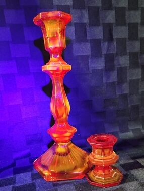 Gorgeous UV Reactive Ruby Red  MCM Glass Unmarked & Unmatched Candlestick Pair